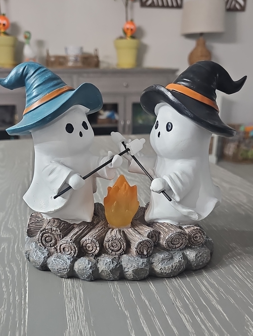 New! Light Up Camping Ghosts in Witch Hats Toasting Marshmallows Over Fire